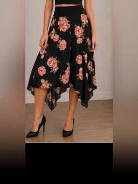 AGB Floral High Low Midi Skirt Women’s Medium Black Peach Rose Stretch Pull On